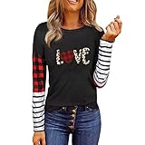 Xmiral Damen Valentinstag Langarmshirt Streifen & Karierte Ärmel Oberteil Mit Herzdruck, Slim Fit Rundhals Basic Shirt(02 Kaffee,S)