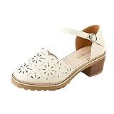 BRISEZZ Damen Mode Mary Jane Schuhe Lässig Alltag Ausgehöhlt Quadratischer Absatz Lederschuhe Frauen Einfarbig Flache Sandalen Sommer Elegant Penny Loafer Freizeitschuhe Bankettschuhe (Khaki A,37)