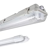 proventa Feuchtraumleuchte mit LED-Röhre, 150 cm, 2x 20,5 W mit 6.200 Lumen, 4.000 K, IP65, 50.000 Stunden, Edelstahlklammern, IK08, Kunststoff grau, Flack
