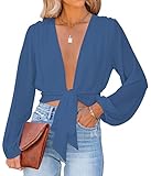 LYANER Damenbluse mit tiefem V-Ausschnitt, Knoten, lange Ärmel, sexy Wickel-Top, bauchfrei, dunkelblau,