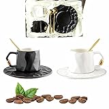 Watenkliy Klein Kaffeetassen mit Untertassen und Löffeln, 6-teilig Porzellan 180ml Gold Rand Tee Tassen für Kaffee, Eiskaffee, Espresso,Tee (schwarz+Weiss)