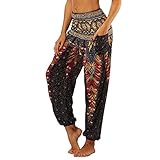 Nuofengkudu Frau Hippie Harems Hose Pumphose Haremshose Aladdinhosen Boho Gemustert Gesmockte Taille mit Taschen Yogahose Freizeithose Sommerhose Strandhose,Schw