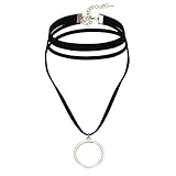 Gualiy Tattoo-Halskette Samt DREI Schichten Halsband Groß O-Ring Form Anhänger Hoker Maskenspiel Halsschmuck Gold Schwarz, 31.5+8.5CM
