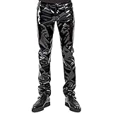 Aislor Herren Lederhose Wetlook Hose Hohe Taille Lederjeans Kunstleder Bikerjeans Jeans Hose Männer Motorradhose Gogo Party Clubwear T Schwarz M