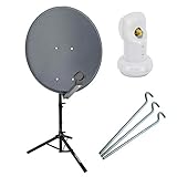 PremiumX Camping Satelliten-Komplettanlage 60cm Satellitenschüssel SAT Single LNB Dreibein Stativ 3X Stahl-Hering