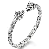 JewelryWe Schmuck Herren Armband Edelstahl Gegenüber Wolf Wolfskopf geflochten Draht Kabel Wikinger Biker Offen Armreif Armspange Silb