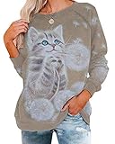 Onsoyours Damen Langarmshirt Süße Katze Tier Drucken Gestreift Rundhals V-Ausschnitt-Sweater Pullover T-Shirt Top Lose Weiche M Khaki XXL