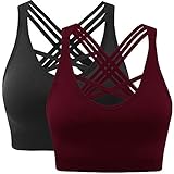 ANGOOL Damen Sport BH ohne Bügel Gepolstert Yoga Bra Kreuz Rücken Sport Bustier für Jogging Fitness , Schwarz+weinrot , M