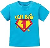 MoonWorks® Baby T-Shirt 1. und 2. Geburtstag Superheld Geschenk lustig Geburtstagsshirt Kurzarm Bio-Baumwolle 1 Jahr türkis 92/98 (16-24-Monate)