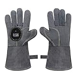 BESTonZON EIN Paar Wärmedämmhandschuhe aus Rindsleder Anti- Verbrühungs- Schutzhandschuhe für den Grill- Gartenofen (grau)