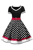 AXOE Damen Gepunktet Rockabilly Vintage Kleid mit Gürtel Partykleid Schwarz, Gr. 48, 4XL