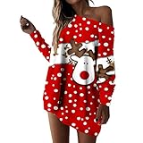 Weihnachtsbluse Damen Teenager Mädchen Sexy Schräger Kragen Trägerlos Weihnachtspullover Oberteil mit Elch Christmas Druck Sexy Schulterfrei Langarmshirt Pullover Tops Xmas Theme Fest-kleidung