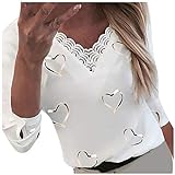 Masrin Damen Tops Mode Liebe Herz Bedrucktes T-Shirt V-Ausschnitt Spitze Patchwork Pullover Langarm Lose Bluse(XXXL,Weiß)