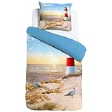 ESPiCO Wende Bettwäsche Sleep and Dream Leuchtturm Bunt Möwe Sturmmöwe Vögel Strand Ostsee Nordsee Sonnenuntergang Düne Renforcé, Größe:135 cm x 200