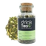 DrinkTea Rebirth Bio Superfood Tee Korken-Glas | Heiß & Eistee | Loser Grüner Sencha mit Matcha, Löwenzahn, Moringa, Mariendistel, Brennnessel | Orange Minze Ingw