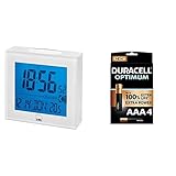 CTC FU 7025 Funkuhr mit großem beleuchtetem LCD-Display,funkgesteuerte Uhrzeiteinstellung, Alarmfunktion weiß + Duracell NEU Optimum AAA Micro Alkaline Batterien, 1.5V LR03 MX2400, 4er-Pack