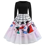 Damen Weihnachtsmotiv Kostüm Vintage Retro A-Linie Elegant Lange Ärmel Party Kleid Holiday Kostüm Cocktailkleid Minikleid Sk