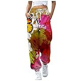 Jogginghose für Damen Loose Fit Baumwolle Sweatpants Elastischer Bund Freizeithose High Waist Sporthose mit Kordelzug Tasche Gedruckt Lang Hose Training