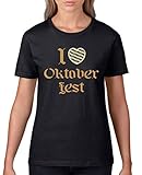 Comedy Shirts - I Love Oktoberfest - Damen T-Shirt - Schwarz/Hellbraun-Beige Gr. XS