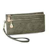 Damen-Geldbörse für Frauen, weiches Leder, mehrere Taschen, großes Fassungsvermögen, geräumiges Fach, Clutch-Tasche mit Handgelenkschlaufe, grün, Large, Vintag