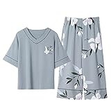 Plus Size Womens Pajamas M-5XL Cotton Sleepwear Leisure Home Suits for Big Size Floral Printing Womans Pyjama (Blue 5X)