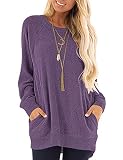 AUSELILY Damen Langarm Tops Lässige Rundhals T Shirts Blusen Süßes Sweatshirt mit Taschen Lila L