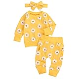 Geagodelia 3tlg Babykleidung Set Baby Mädchen Gänseblümchen Kleidung Outfit Langarmshirt Top + Hose + Stirnband Neugeborene Kleinkinder Weiche Babyset (0-6 Monate, Gelb)