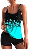 EUDOLAH Damen Zweiteiler Tankini Set Weste Oberteile mit Hotpants Badeanzug Sommer Retro Blumendruck Strandmode Blau-2 3XL