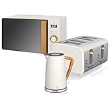 Swan Nordic Frühstücksset, Wasserkocher, 1,7 l, 2200 W, Breitschlitz-Toaster, 4 Scheiben, Mikrowelle 20 l, digital, modernes Design, Holzoptik, Weiß Baumw