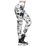 Damen-Leggings, hohe Taille, kaschiert Bäuchlein Hoch taillierte Yogahose mit Totenkopf-Print (XL,3Schwarz)