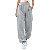 OEAK Damen Sporthosen Lang Jogginghose Loose Fit Elastischer Bund Freizeithosen Hohe TaileTraininghose mit Taschen Bequem Sweathose,Grau Verdicken,M