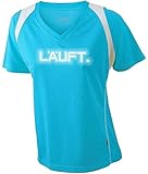 Roughtex Laufshirt Damen Funktionsshirt V Ausschnitt reflektierend LÄUFT Sport Tshirt Türkis mit Druck M