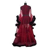 Gnohnay Damen Sexy Illusion Lange Dessous Robe Old Hollywood Fuzzy Robe für Bed Time Ausgestellte Ärmel Schwanzkleid Transparente Spitzenfeder Robe Nachtwäsche,Wine red,M