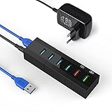 KEXIN USB Hub mit Netzteil, 6 Ports USB 3.0 Hub (4-Ports Datenübertragung + 2-Ports Schnellladegerät USB Hub 3.0 Aktiv), 24W (12V/2A) Netzteil USB Verteiler für Windows Mac OS Linux PC Tablet Schw