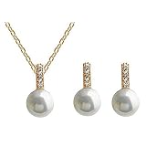 Frauen Braut Halskette und Ohrringe Schmuck Set mit Kunstperlen und Strass Anhänger elegant für Hochzeit Party (Gold)