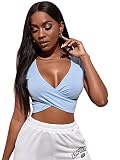 SheIn Damen Bauchfrei Cropped T-Shirts Wrap Kurzarm Tops Tiefer V Ausschnitt Schmal Cropped Sommershirt Wickeltops Baby Blau XS