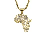 JrenBox Rapper Halskette Hip Hop Strasssteine ​​asphaltiert Bling Euro Out Gold Farbe Afrika Karte Anhänger Halskette Für Männer Rapper Schmuck (Length : 24inch Rope Chain, Metal Color : Gold)