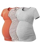 LAPASA Damen 3 er Pack Umstandstop Umstandsmode Umstandskleidung Tops Schwangerschaft Kurzarm Umstands T-Shirt L55, Orange, Rot gestreift, Grau, XL