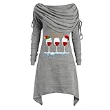 Weihnachtskleid Damen Elegante Frauen Langarm Kleid Christmas Off Shoulder Abendkleid mit Hirsch-Muster Aufdruck Unregelmäßiges Festliches Partykleid Cocktaiikleid Christmas Dress Strickrock