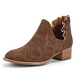 FISACE Damen Stiefeletten, gerüscht, V-Ausschnitt, spitzer Zehenbereich, klobig, niedriger Absatz, elegante Westernstiefel, coffee, 37.5 EU