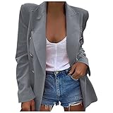 KEXIMIXUE Damen Blazer Frühlings Anzüge Elegant Langarm Blazer Sakko Einfarbig Slim Fit Revers Geschäft Büro Taschen Jacke Kurz Mantel Grau XXL
