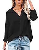 NONSAR Damen Bluse V-Ausschnitt Hemden Elegant Langarm Casual Arbeit Oberteile mit Knöpfen Tops Langarmshirt (M, Shwarz)