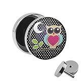 Treuheld | Ohrstecker zum Schrauben - Nacht-Eule mit Mond & AST - schwarz-grau - Motiv Fake-Plug Ø 10mm Silber - Edel-Stahl Ohr-Ringe - Chirurgen-Stahl 316L Fake-Tunnel - Gewinde Ohr-Steck