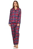 Damen Flanell Pyjama Schlafanzug kariert mit Knopfleiste und Hemdkragen - 202 201 15 600, Farbe:Karo blau, Größe:44/46