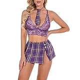 Frauen Babydoll Sexy Unterwäsche Naughty Lace Sleepwear Nightwear Set for Sex Bodysuit Bustier Hollow Suit-Purple||M