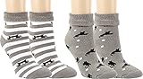 RS. Harmony Thermo-Socken mit Umschlagrand, Weihnachtssocken für Advent Tage, warme und weiche Damen Frottee Kuschelsocken ohne Gummidruck, 4 Paar, grau-weiß mit Katzen-Motiv, 35-38