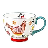 Livfodrm kaffeebecher Vintage Tasse Keramik kaffeetassen groß Frühstücksbecher Suppenschüssel 15 Unzen Keramiktasse Handbemalte Blume Vogel Müslischalen (Grün)