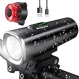 Fahrradlicht Set, StVZO USB Fahrradlichter 2600mAh Fahrradbeleuchtung, IPX5 Wasserdicht Fahrradlampe Rücklicht Set 50/30 Lux Wiederaufladbare Vorderlicht mit Batterie Erinnerung 2 Licht-M