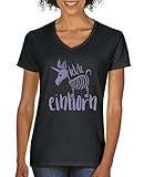 Comedy Shirts - Das letzte Einhorn 2 - Damen V-Neck T-Shirt - Schwarz/Violett Gr. XXL