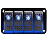 GIDREN 4 Gang Wippschalter Panel 12V/24V Schalter Panel 5 Polig EIN Aus Wasserdicht Kippschalter Panel mit Blauem LED Licht Schaltplan Gummiunterlegscheibe für Auto RV Marine Boot LKW